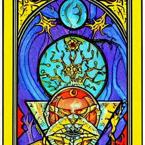 Image similar to Arcane Tarot, frame intricated, vivid colors, detailed decorative flourishes, symmetrical centered