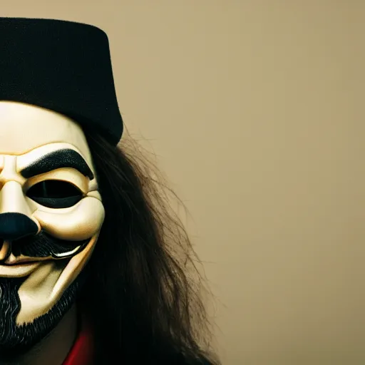 Prompt: man wearing guy fawkes mask, professional cosplay, cinematic, key light, 4 k, 8 k, photorealistic, ultra realistic, hyperrealistic