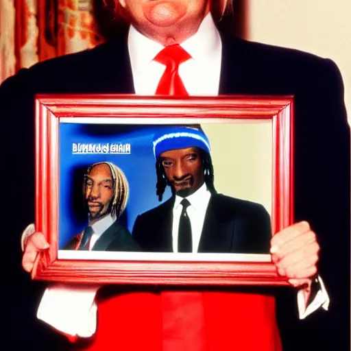 Image similar to Donald Trump holding a picture of Snoop Dogg for a 1990s sitcom tv show, Studio Photograph, portrait C 12.0