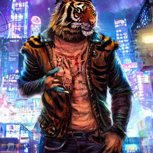 Prompt: a beautfiul award winning commission portrait of an anthro tiger in the neon cyberpunk city at night,wearing a leather jacket,glow effect,detailed face,photorealistic,character design by charles bowater,ross tran,deviantart,artstation,digital art,hyperdetailed,realistoc,western comic style,vfx,dramatic,fantasy,dream-like