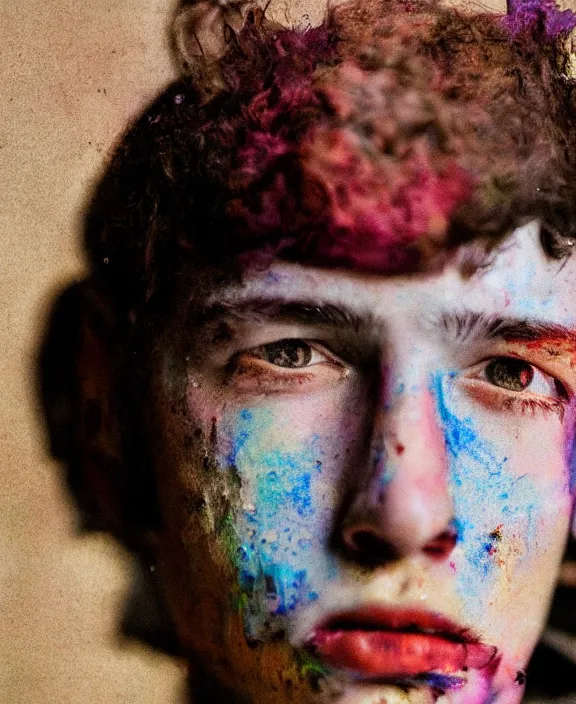 Prompt: portrait of a young gentleman with color smeared in his face, digital photography, fashion magazine, close - up, detailed