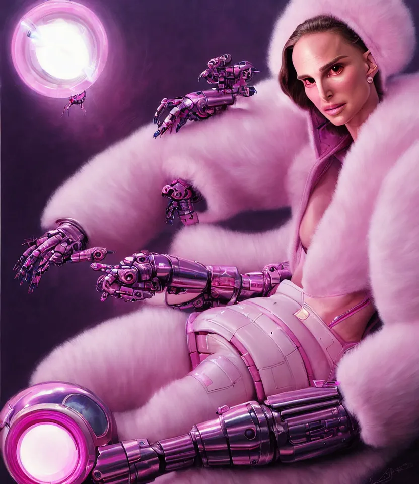 Image similar to beautiful fantasy character portrait of a natalie portman cyborg, wearing pink puffy bomber jacket with white fur, seductive reclining pose, lasers, ultra realistic, dramatic lighting, robots, the fifth element artifacts, highly detailed by peter mohrbacher, hajime sorayama, wayne barlowe, boris vallejo, aaron horkey, gaston bussiere, craig mullins