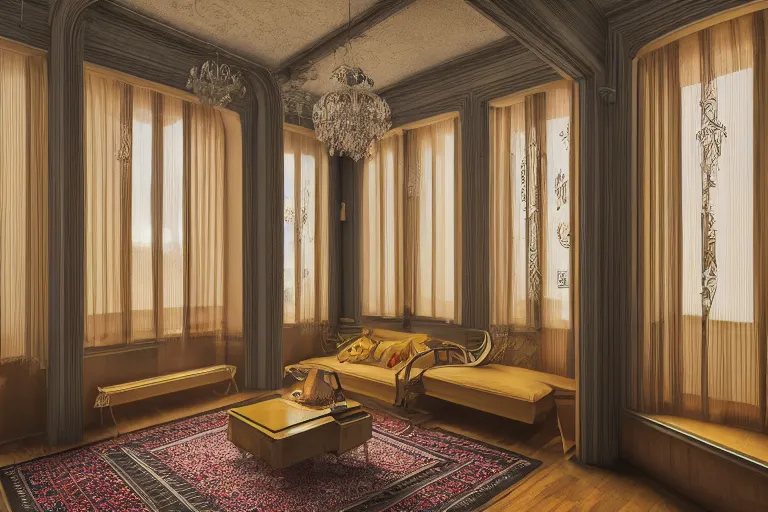 Prompt: interior photo of a flat with art deco and art nouveau, 3 d render, award winning, digital photograph, telephoto lens, national geographic, highly detailed, afternoon lighting, high contrast, intricate