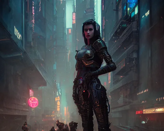 Image similar to 5 5 mm portrait photo of an armored gorgeous aesthetic woman warrior, wearing glowing armor in cyberpunk city. dark atmosphere. art by greg rutkowski. highly detailed 8 k. intricate. lifelike. soft light. nikon d 8 5 0.