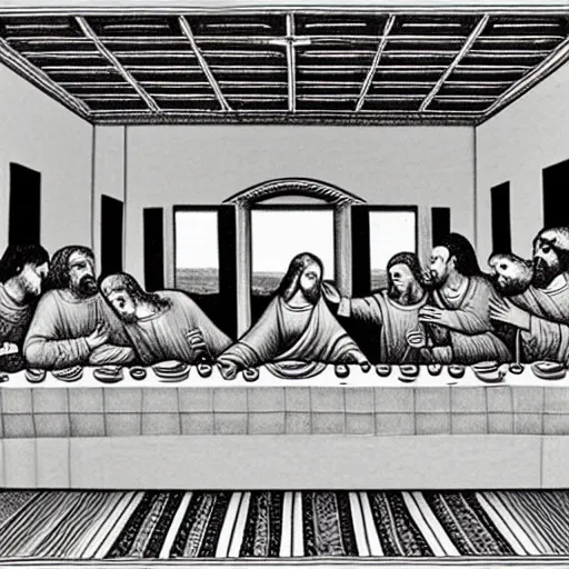 Prompt: single line drawing of The Last Supper, intricate, detailed, monochrome