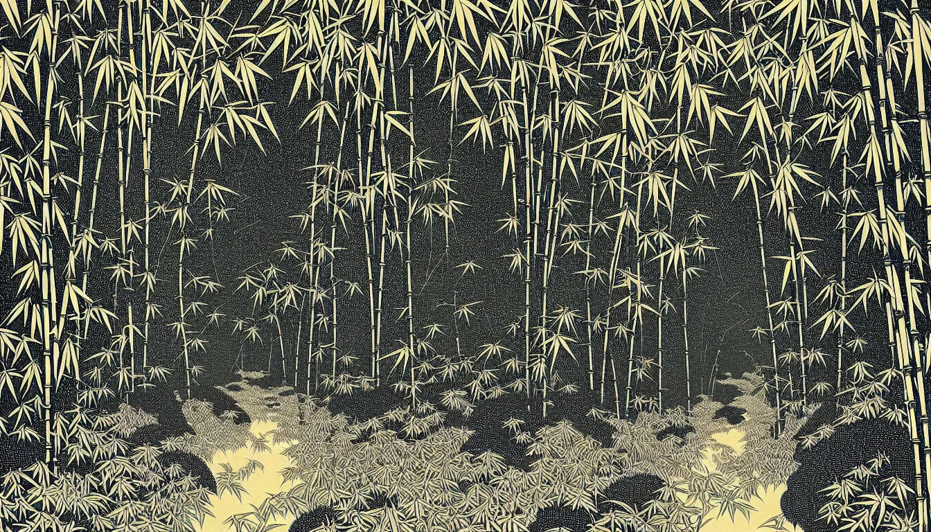 Image similar to bamboo and fern forest by woodblock print, nicolas delort, moebius, victo ngai, josan gonzalez, kilian eng