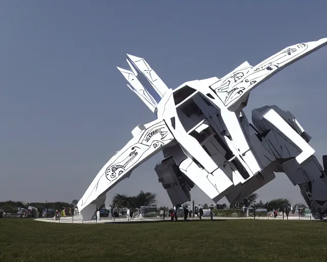 Prompt: photo of minimalist cubist sculpture of curvy space wings with random small mecha mayan decorations, covered with few large white airplane parts, gigantic size with people visiting