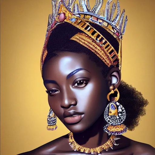 Prompt: A masterpiece portrait of a Incredibly beautiful African girl model in European barocco dress. rich jewelry. In Elizabeth\'s Queen\'s crown. Vogue. trending on artstation, digital art, by Stanley Artgerm Lau, WLOP, Rossdraws, James Jean, Andrei Riabovitchev, Marc Simonetti, Yoshitaka Amano