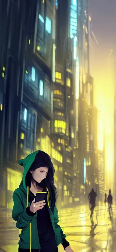 Image similar to a vtuber model concept art of a beautiful girl in a black and yellow hoodie looking on a smartphone in her hand, blue eyes, long hair, full body art, futuristic city background, artstation, digital art, commission art, style by jordan grimmer and greg rutkowski, 4 k resolution