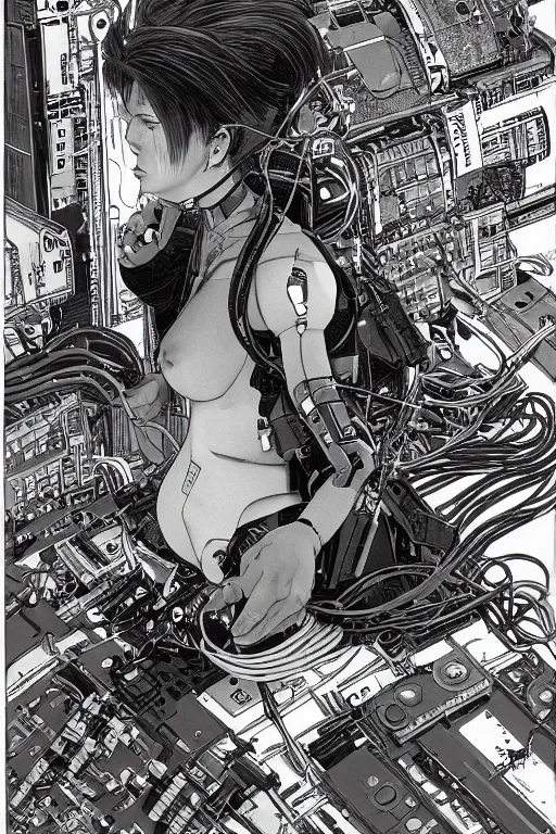 Prompt: an hyper-detailed cyberpunk illustration of a female android seated on the floor in a tech labor, seen from the side with her body open showing cables and wires coming out, by masamune shirow, and katsuhiro otomo, switzerland, 1980s, centered, colorful