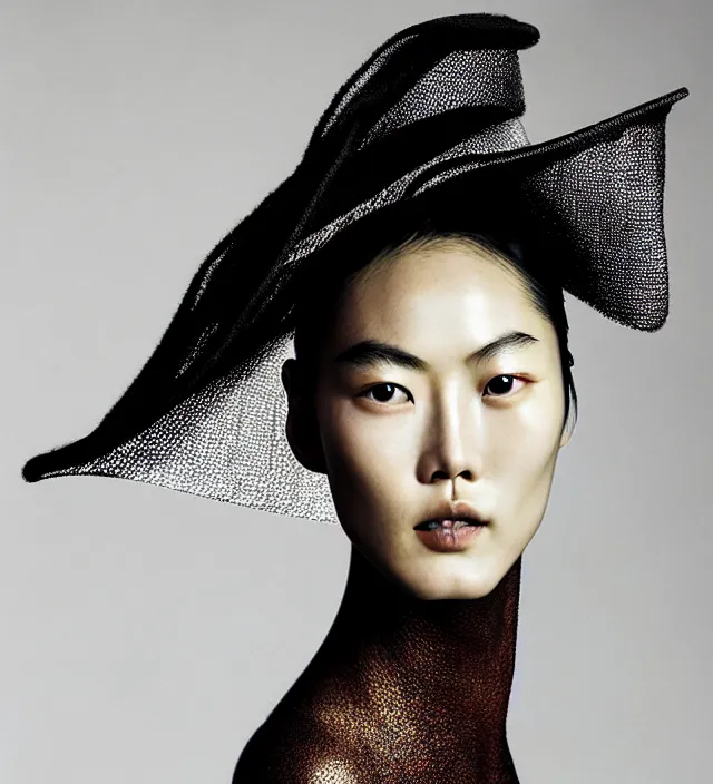 Image similar to photography facial portrait of liu wen, natural background, natural pose, wearing stunning hat by iris van herpen, with a colorfull makeup. highly detailed, skin grain detail, photography by paolo roversi, nick knight, helmut newton, avedon, araki