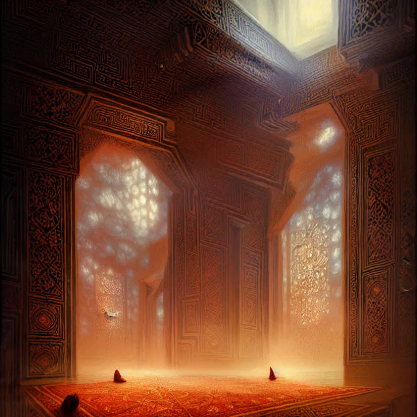 Image similar to magic fluffy Persian carpet & mirror dimension, vertical labyrinth structure, by Greg Rutkowski and Gaston Bussiere, dim lighting, beautiful volumetric-lighting-style atmosphere, surreal atmosphere, intricate, detailed, photorealistic imagery, artstation