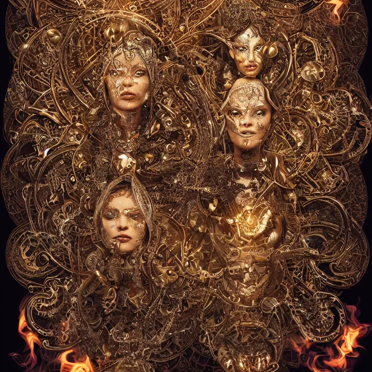 Image similar to octane render portrait by wayne barlow and carlo crivelli and glenn fabry, a high - end chrome clockwork automaton with intricate gold and silver detailing in the style of henna face tattoos, inside a wide mandala pattern made out of colorful flames, volumetric lighting and light rays, cinema 4 d, ray traced lighting, very short depth of field, bokeh