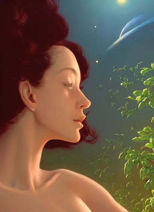 Prompt: closeup hyperdetailed shot if a gorgeous beautiful girl on the moon caring for ripen tomato plants inside a crater filled with smoke, planet Earth in the sky by Craig Mullins, ilya kuvshinov, krenz cushart, artgerm trending on artstation by Edward Hopper and Dan Mumford and WLOP and Rutkovsky, carl spitzweg and moebius, Unreal Engine 5, Lumen, Nanite