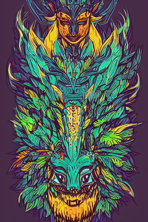 Image similar to animal mask totem roots flower tribal feather gemstone plant wood rock shaman vodoo video game vector cutout illustration vivid multicolor borderlands comics by josan gonzales and dan mumford radiating a glowing aura