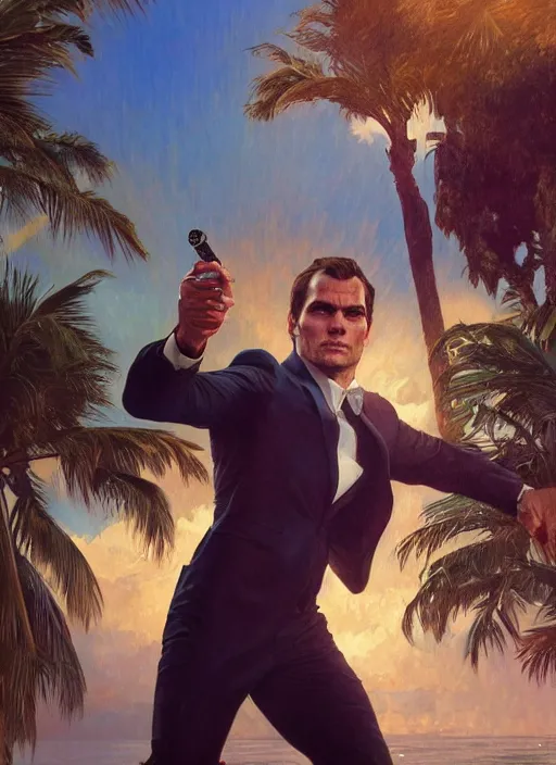 Image similar to portrait of henry cavill as james bond, casino, key art, sprinting, palm trees, woman in background, highly detailed, digital painting, artstation, concept art, cinematic lighting, sharp focus, illustration, by gaston bussiere alphonse mucha