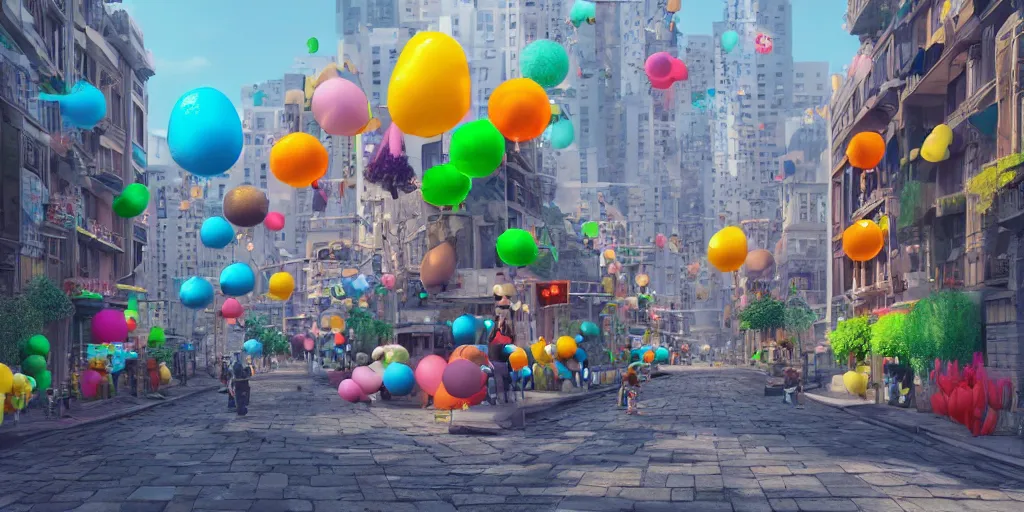 Image similar to a city street where everything is made from tiny inflatable balloons, hyper real, trending on Art Station, Octane render