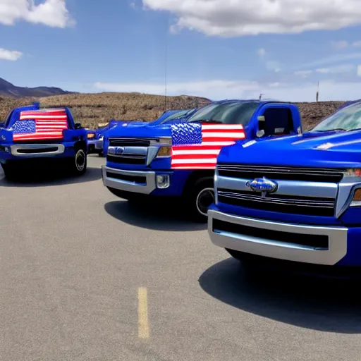 Image similar to photo of big blue biden pickup trucks with american flags on them. biden is written on the side of the truck.