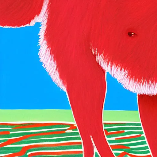 Prompt: close-up of a red dog in front of a pool, painting by david hockney, highly detailed