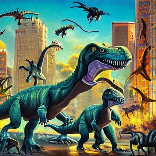 Prompt: dinosaurs attacking a city, futuristic, oil canvas, High quality