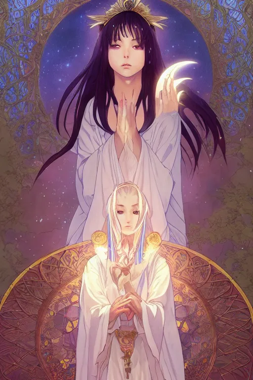 Prompt: anime key visual of a beautiful young moon spirit girl, wearing the robe of sacred mystery, intricate, moonlit lake, stunning, highly detailed, digital painting, artstation, smooth, hard focus, illustration, art by artgerm and greg rutkowski and alphonse mucha