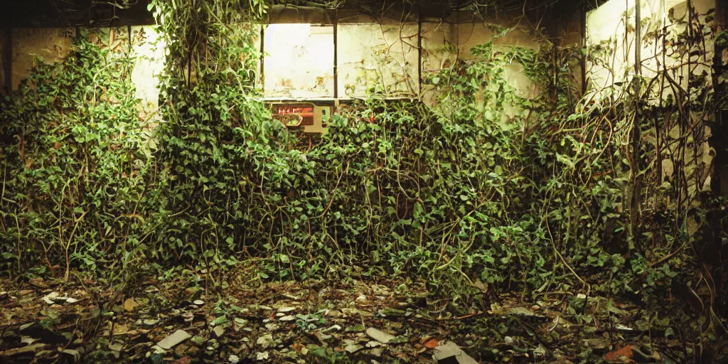 Prompt: an urban exploration photograph of lonely creepy liminal space within an abandoned underwater mcdonalds playplace with tube waterslides and retro arcade machines overgrown with vines photograph taken on kodak film
