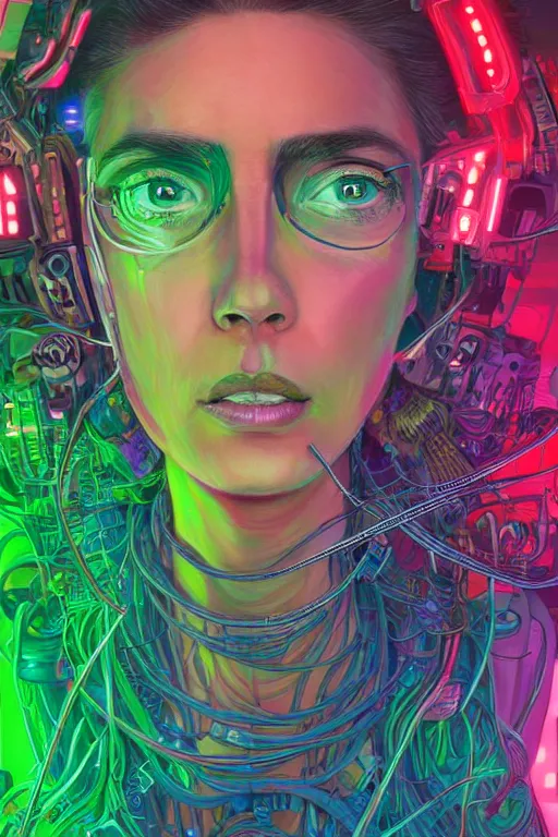 Prompt: stunning highly detailed portrait of a neuromancer Women with long hair with cyber headgear surrounded by wires, neon colors, oil on canvas, strong lighting, by Josan Gonzalez, HD, 4K