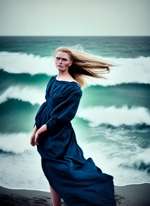 Image similar to cinestill 5 0 d half - length portrait photo portrait of a woman britt marling 3 / 4 style of nicholas fols, 1 5 0 mm, windy mood, dress in voile, mute dramatic colours, soft blur outdoor stormy sea background, volumetric lighting, hyper detailed, hyper realistic