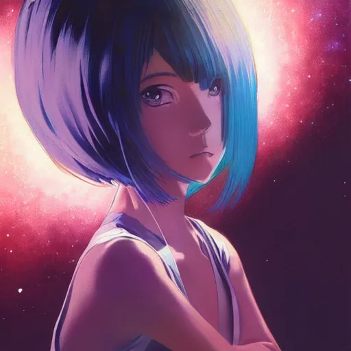 Image similar to A cosmic girl with big and cute eyes, holding the earth || VERY ANIME, fine-face, realistic shaded perfect face, fine details. Anime. realistic shaded lighting poster by Ilya Kuvshinov katsuhiro otomo ghost-in-the-shell, magali villeneuve, artgerm, Jeremy Lipkin and Michael Garmash, Rob Rey and Kentarõ Miura style, trending on art station