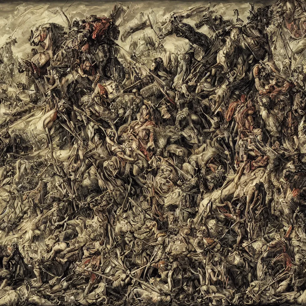 Image similar to a visualization of the apocalypse. death, famine, war, conquest, style of zdislaw beksinksi