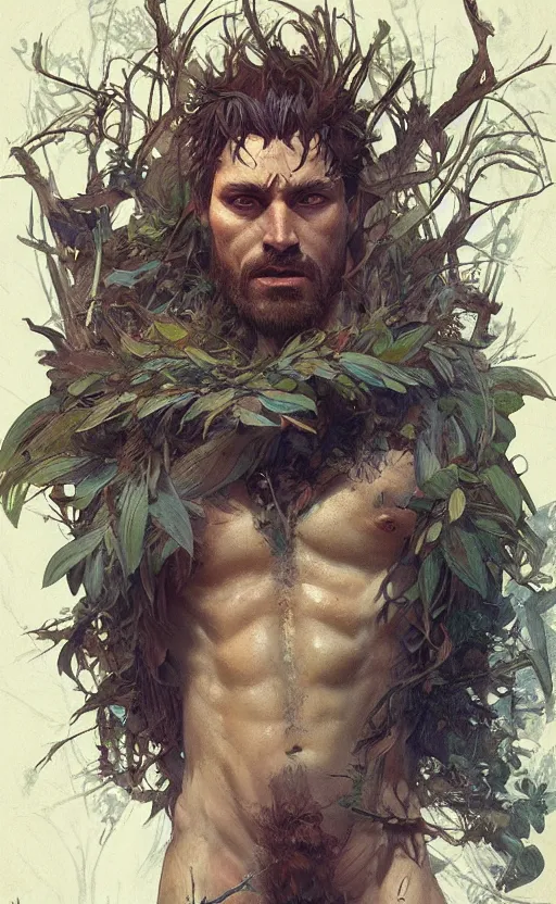 Image similar to god of the forest, 30 years old, rugged, male, gorgeous, detailed face face face face, amazing, thighs thighs thighs thighs, muscular, intricate, highly detailed, digital painting, artstation, concept art, sharp focus, illustration, art by greg rutkowski and alphonse mucha