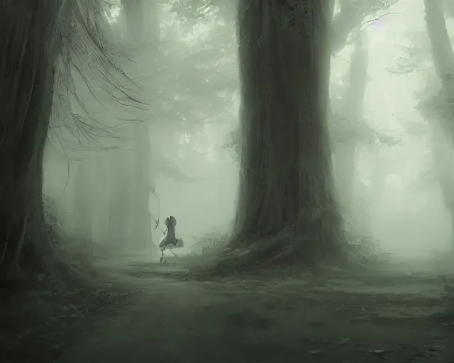 Image similar to a cloaked adventurer in foggy, ghostly woods. Dangerous, foggy, cloudy, mysterious, ominous, threatening, adventurous, ghostly. By Makoto Shinkai, Stanley Artgerm Lau, WLOP, Rossdraws, James Jean, Andrei Riabovitchev, Marc Simonetti, krenz cushart, Sakimichan, trending on ArtStation, digital art.