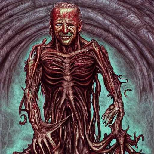 Image similar to biden became bloody ugly lovecraftian degenerate abomination, photo - realistic, color image, 2 k, highly detailed, bodyhorror, occult art, by giger