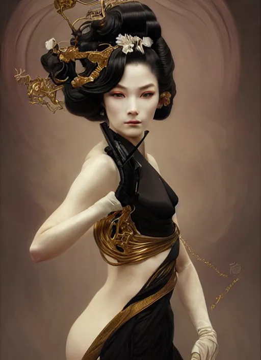 Prompt: soft and lustrous ivory ebony geisha organic cyborg, diffuse lighting, fantasy, intricate, elegant, highly detailed, lifelike, photorealistic, digital painting, artstation, illustration, concept art, smooth, sharp focus, art by john collier and albert aublet and krenz cushart and artem demura and alphonse mucha