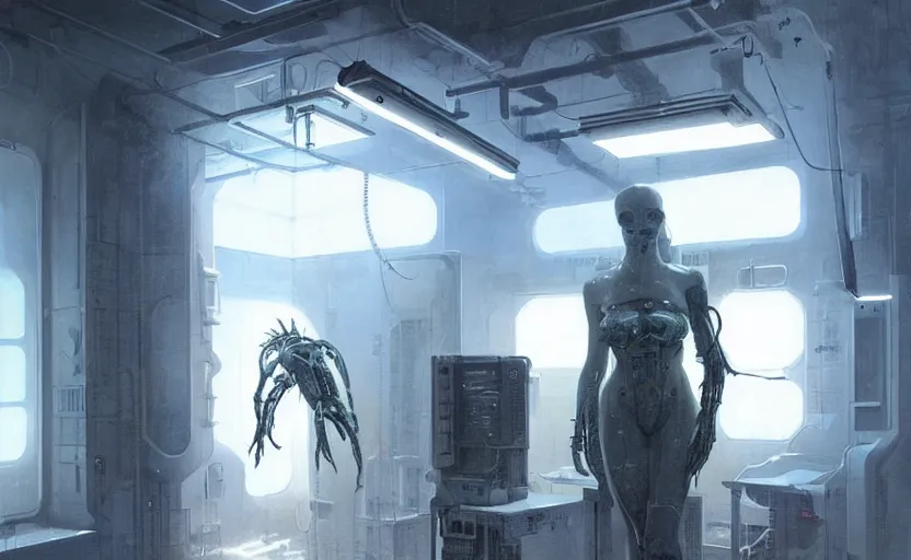 Image similar to neon surgery machine cyberpunk futuristic, in a white room, art by giger, greg rutkowski