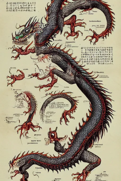Image similar to anatomical encyclopedia illustration of a chinese dragon, photorealistic, diagram, intricate details