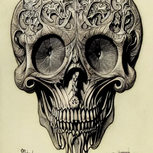 Image similar to memento mori by arthur rackham, art forms of nature by ernst haeckel, exquisitely detailed, art nouveau, gothic, ornately carved beautiful skull mask dominant, intricately carved ornamental antique bone, art nouveau botanicals, art forms of nature by ernst haeckel, horizontal symmetry, symbolist, visionary