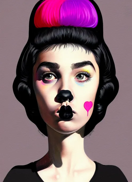 Image similar to portrait of a plump teenager with a crooked nose and a confident expression, 1 9 6 0 s, black clothes, goth, punk, brightly coloured hair, funk, intricate, elegant, highly detailed, digital painting, artstation, concept art, smooth, sharp focus, illustration, art by wlop, mars ravelo and greg rutkowski