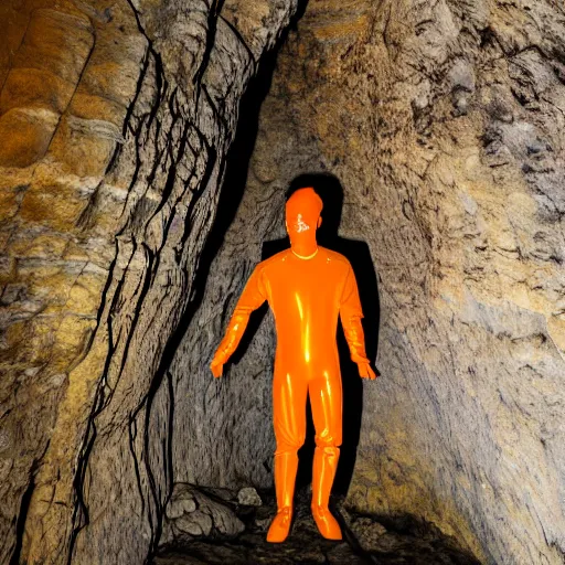 Prompt: photo of a giant orange colored glowing transparent humanoid of one thousand feet of height standing next to a skyscraper, inside a cave