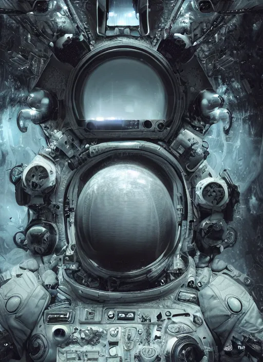 Image similar to complex poster by craig mullins astronaut in futuristic dark and empty spaceship underwater. infrared complex and hyperdetailed technical suit. mandelbulb fractal. reflection and dispersion materials. rays and dispersion of light. volumetric light. 5 0 mm, f / 3 2. noise film photo. flash photography. unreal engine 4, octane render