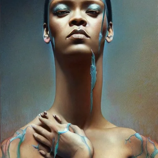 Image similar to rihanna by zdzisław beksinski, iris van herpen, raymond swanland and alphonse mucha. highly detailed, hyper - real, beautiful