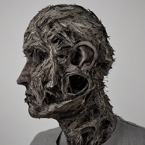 Prompt: surrealism sculpture by enrico ferrarini, human face, torn and ferocious.