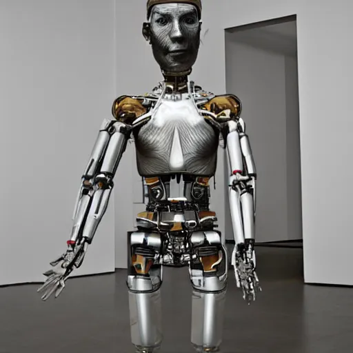 Image similar to a cyborg human in an art exhibition, concept art by Erwin wurm