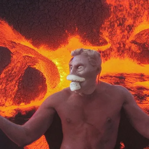 Image similar to head of kirby emerges from a lava lake, cave background, high detail, lava reflections, burning, dramatic shot