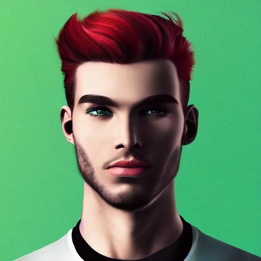 Prompt: digital art of a stylish young adult man with red hair and green cat - like eyes, popular, famous, attractive, high quality, highly detailed, hd, 4 k, 8 k,