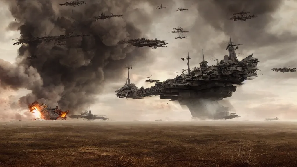 Image similar to an immense steampunk aircraft carrier crashed and burning in a field, thick black smoke billowing, turbulent storm clouds, dystopian, sharp focus, octane render, imax