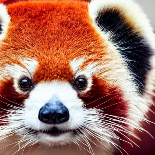 Image similar to portrait photo of a small happy chunky fluffy straw hat wearing red panda, looking into the camera, indoors, f 1. 4, golden ratio, overcast day