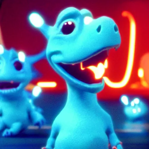 Image similar to cute smiling pixar and chibi style electric blue scaled glowing baby dinosaurs in tron movie, cinestill