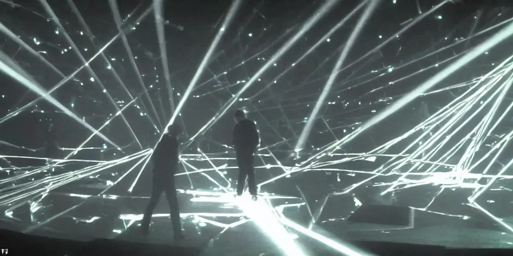 Image similar to Thom Yorke singer songwriter, Radiohead group of people on stage playing instruments, elaborate stage effects, dust, smoke, giant LED screens, colored projections, ultrafine detail, glowing thin wires, smoke, high contrast, projections, a screenshot by David Gilmour Blythe, holography, tesseract, volumetric lighting, anamorphic lens flare