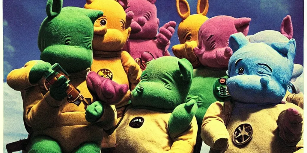 Prompt: a mandalorian playing with teletubbies by richard corben